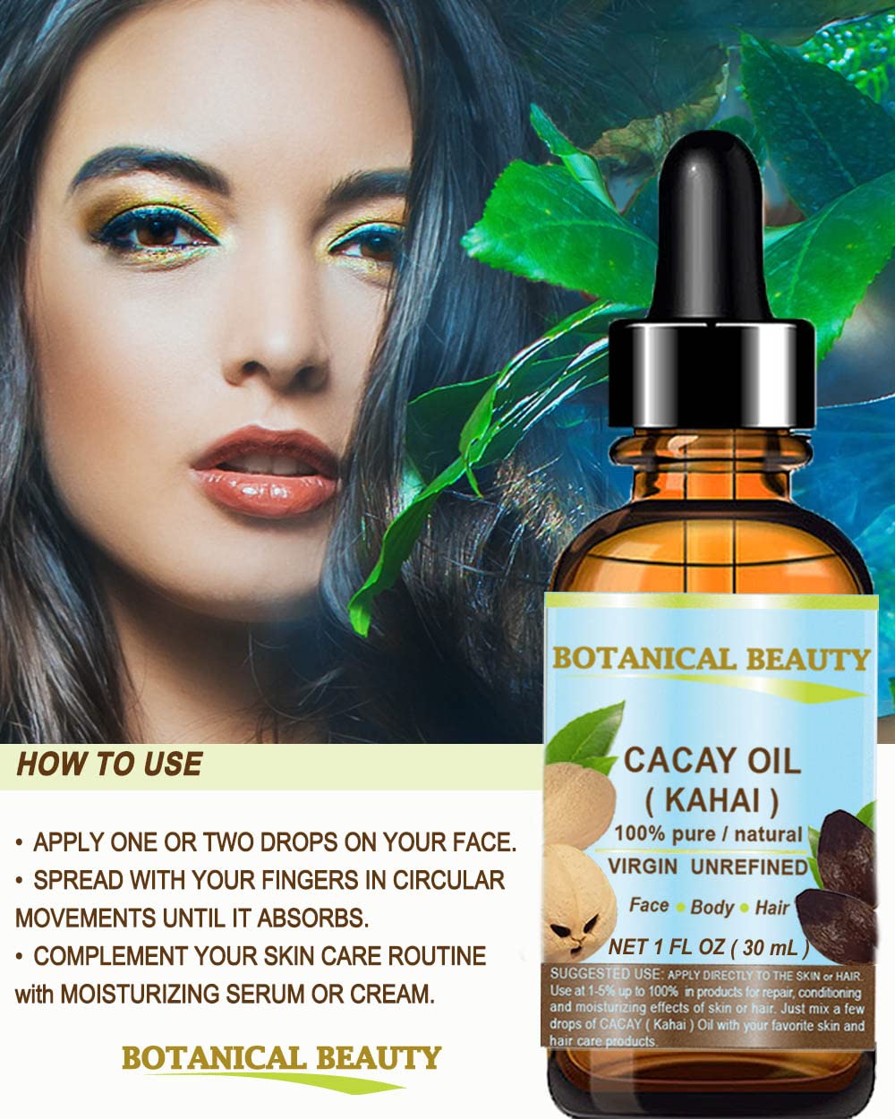Hands applying Botanical Beauty CACAY oil for moisturized skin.