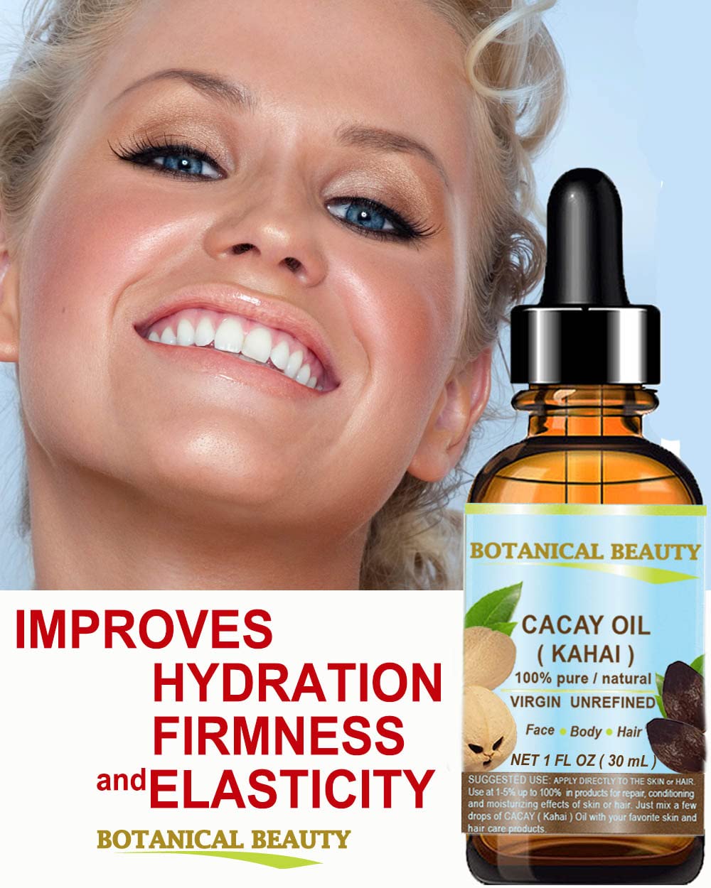 Close-up of Botanical Beauty CACAY oil label with natural ingredients.