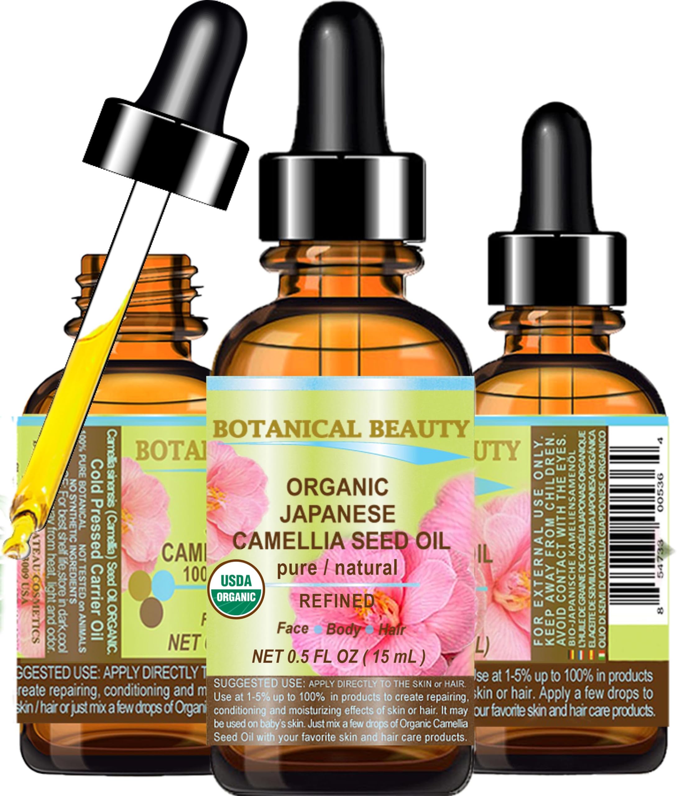 Botanical Beauty Camellia Seed Oil bottle shows quick skin absorption and hydration