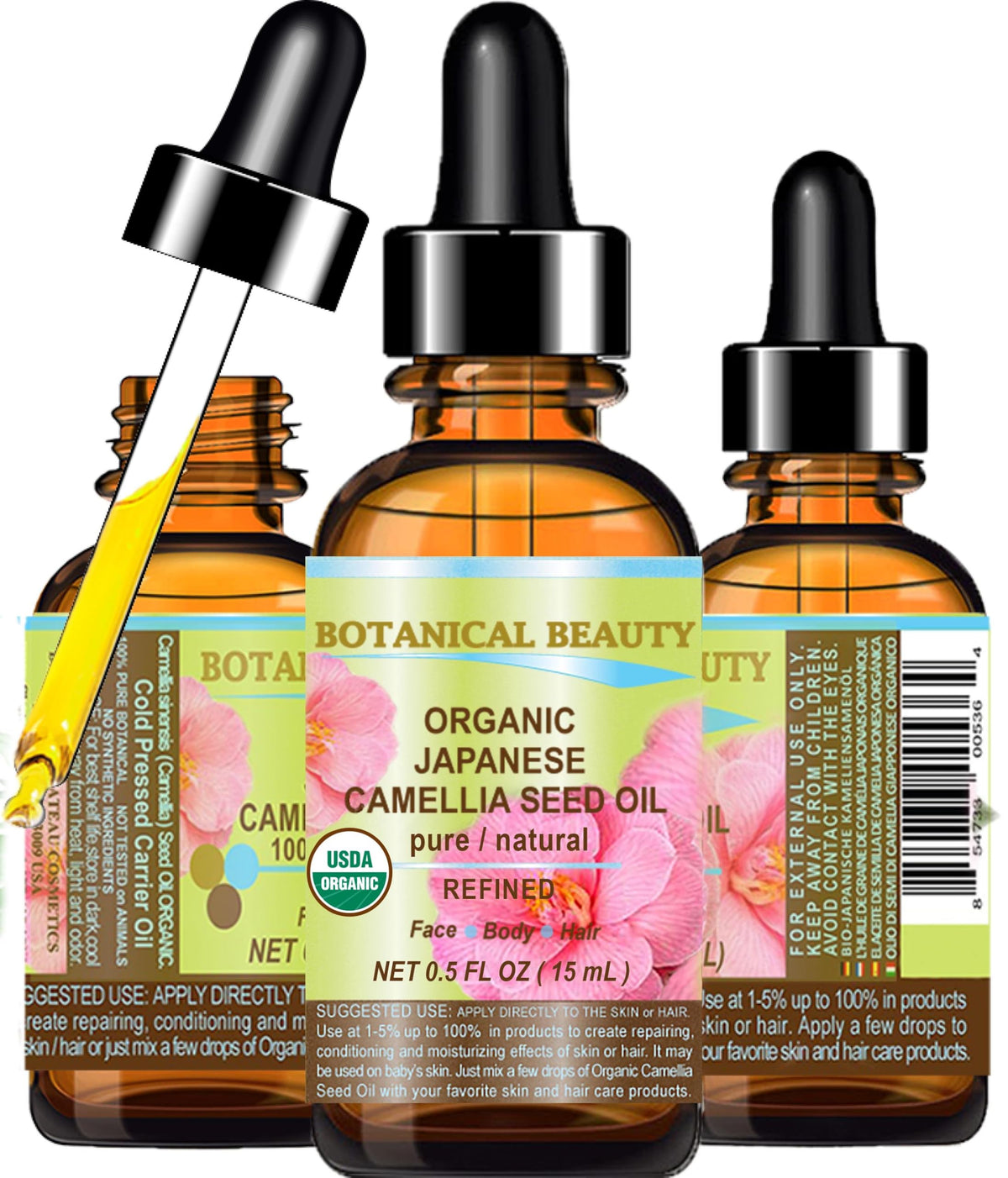 Botanical Beauty Camellia Seed Oil bottle shows quick skin absorption and hydration