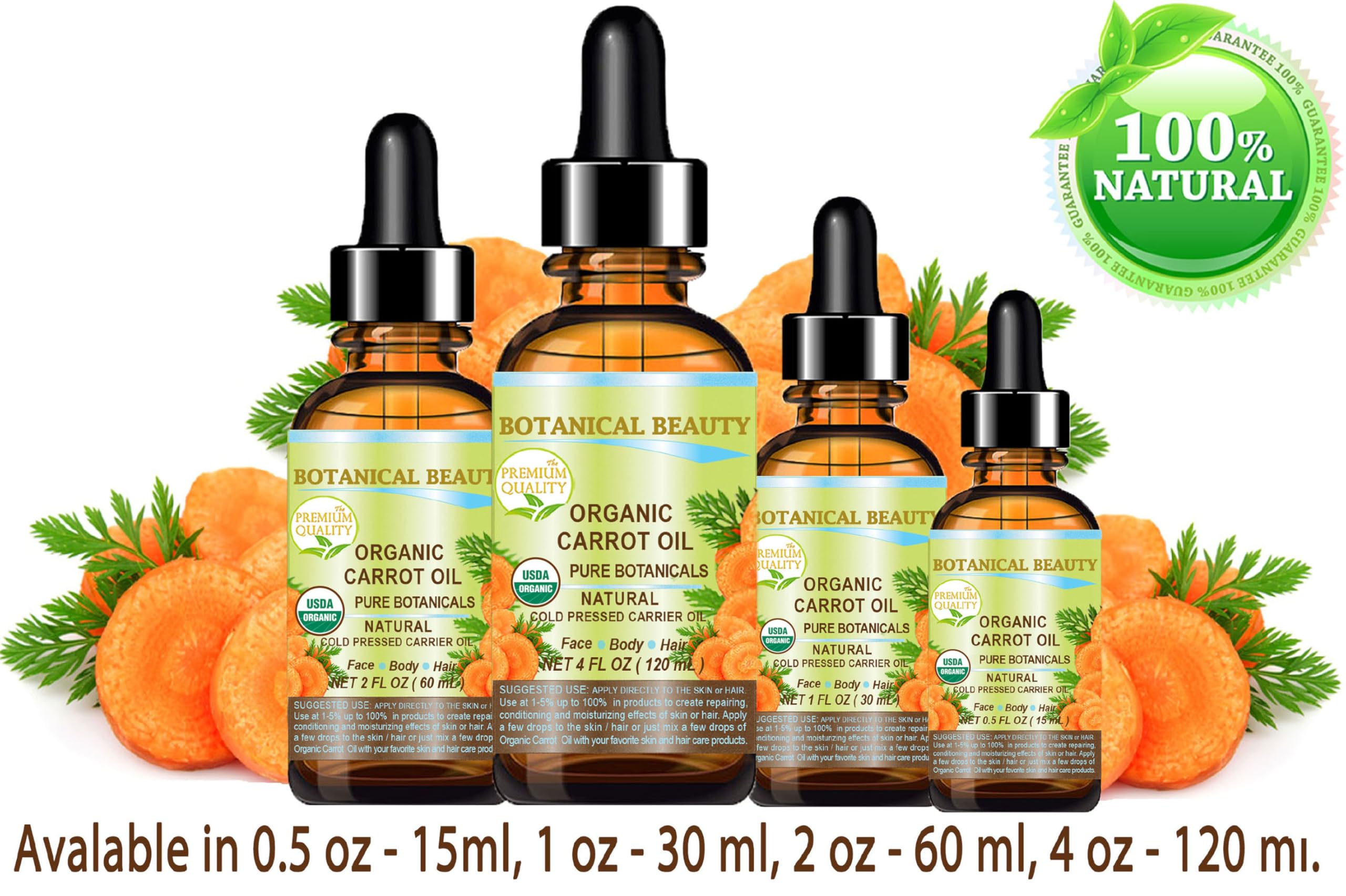 Cruelty-free, preservative-free Botanical Beauty carrot seed oil bottle.