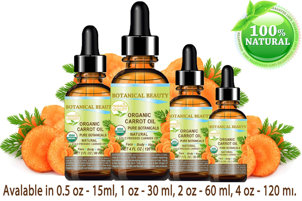 Cruelty-free, preservative-free Botanical Beauty carrot seed oil bottle.