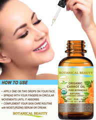 Glass bottle on wood with Botanical Beauty carrot seed oil display.