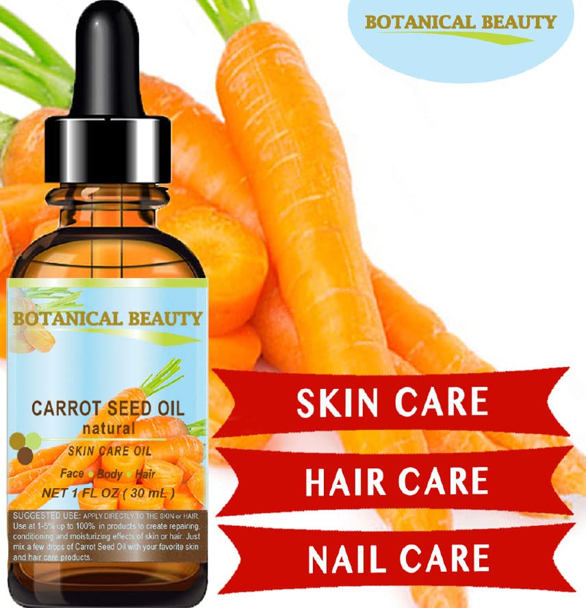 Botanical Beauty carrot seed oil label highlights 100% natural ingredients.