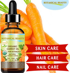 Botanical Beauty carrot seed oil label highlights certification and origin.
