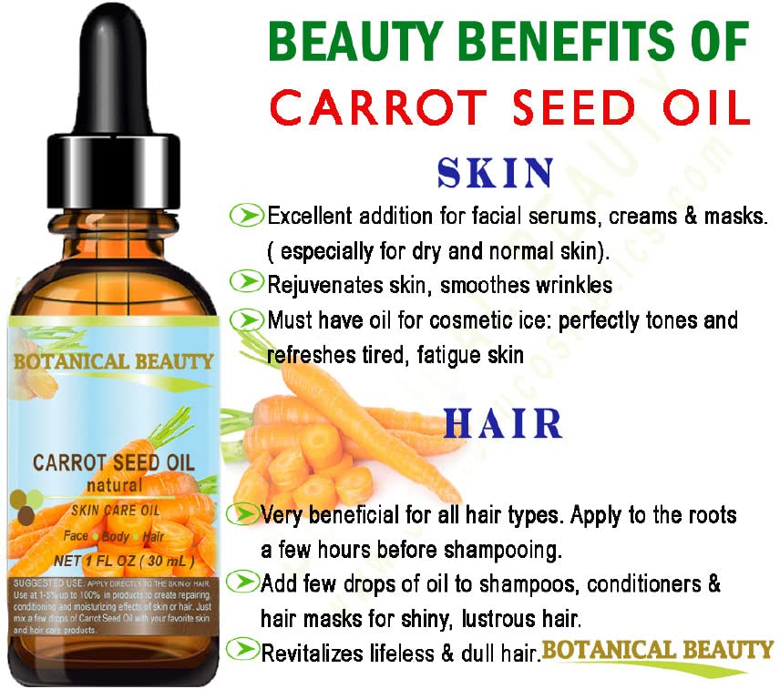 Botanical Beauty carrot seed oil on skin moisturizes and helps balance tone.