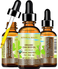 Botanical Beauty Chia Seed Oil bottle pour for lightweight daily moisture.