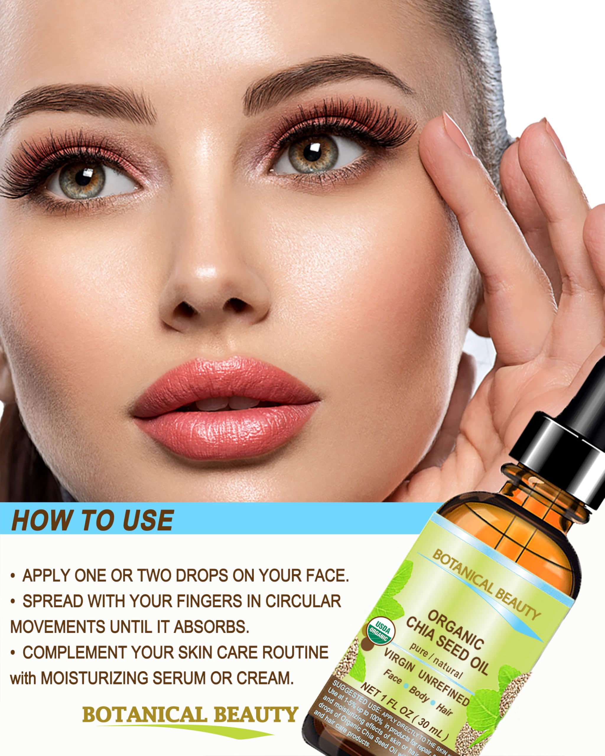 Botanical Beauty Chia Seed Oil on hair and scalp for shine.
