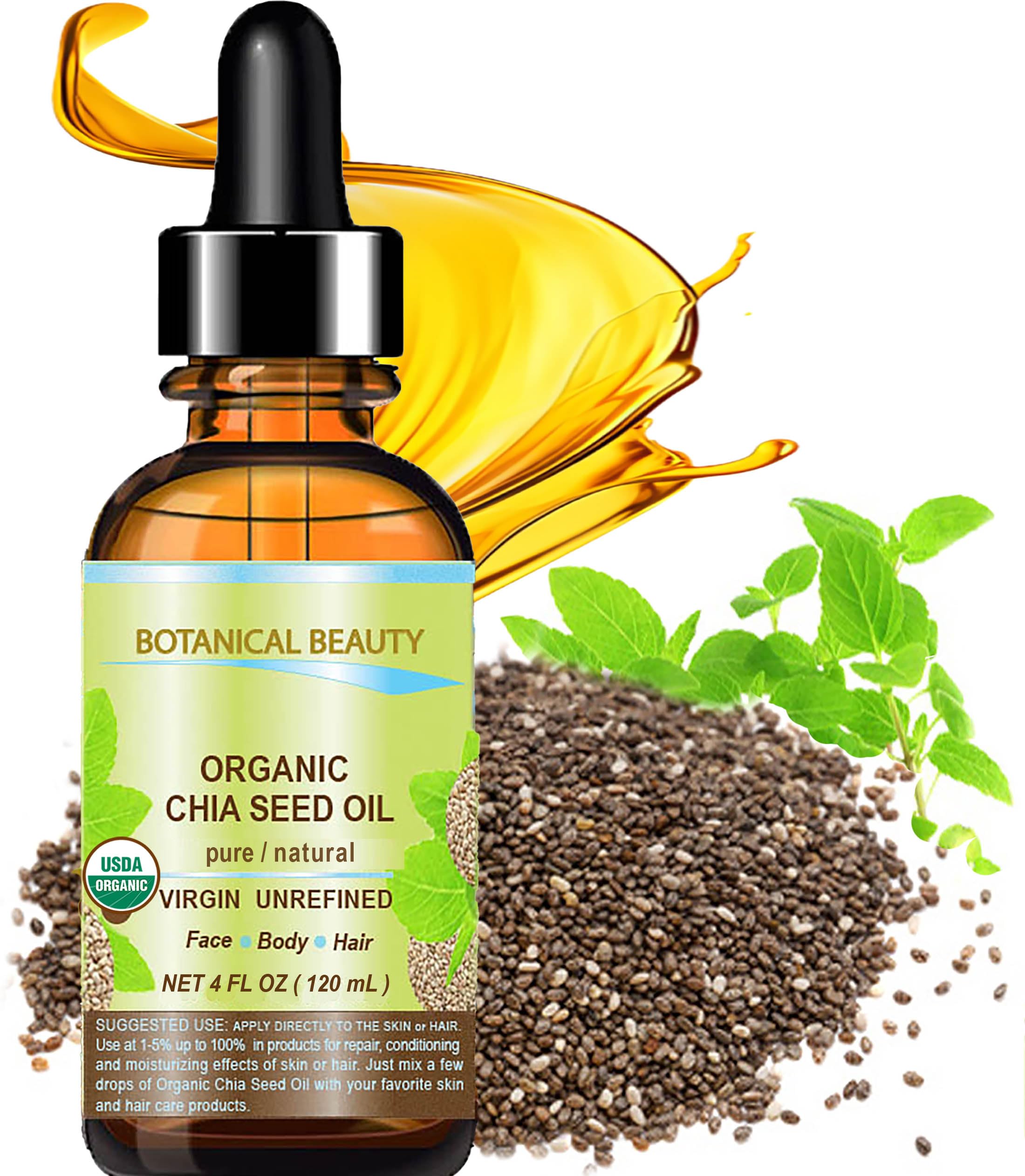 Botanical Beauty Chia Seed Oil label closeup highlighting organic cold pressed purity.