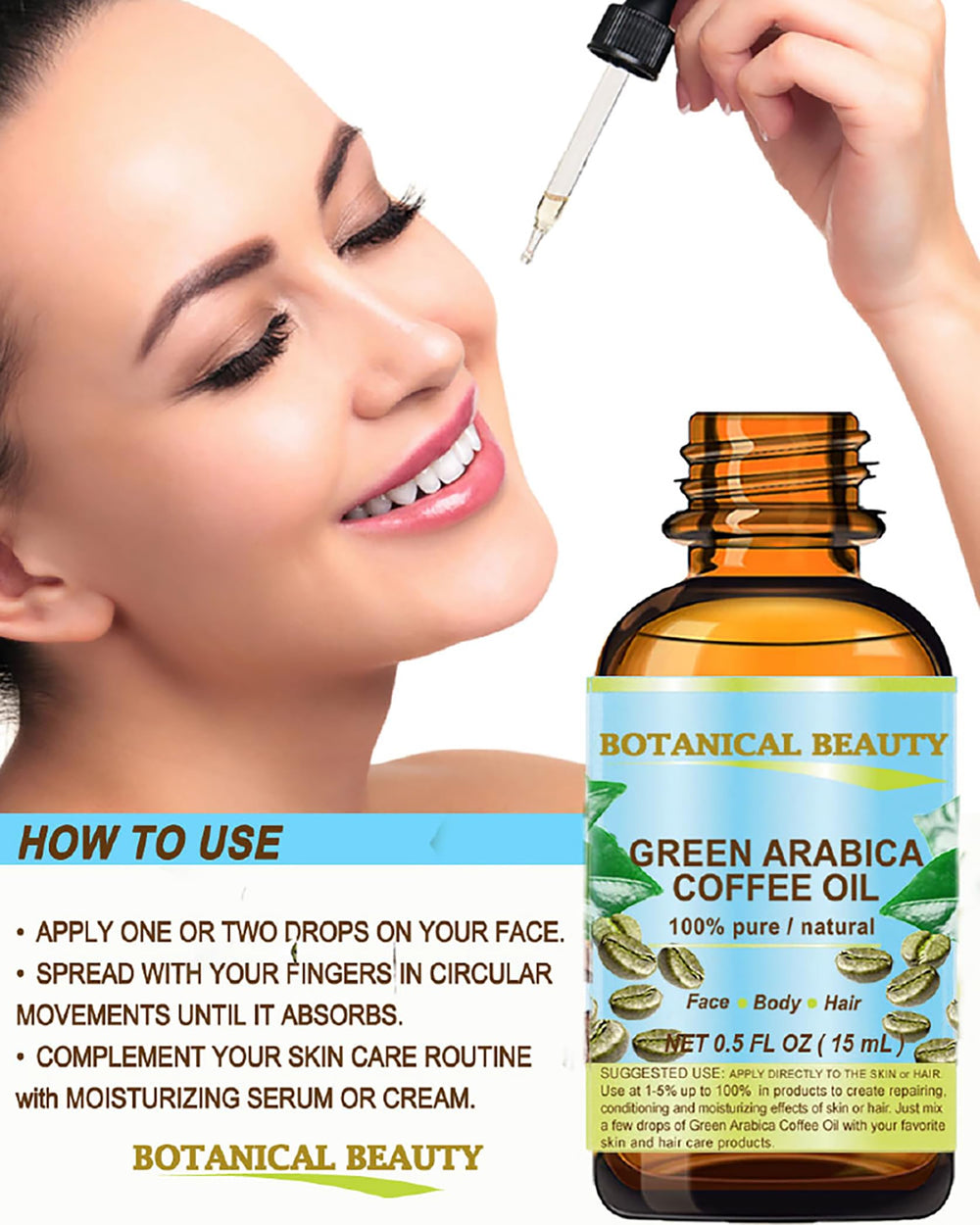 Botanical Beauty Green Arabica Coffee Oil drops on skin, highlighting deep moisturization.