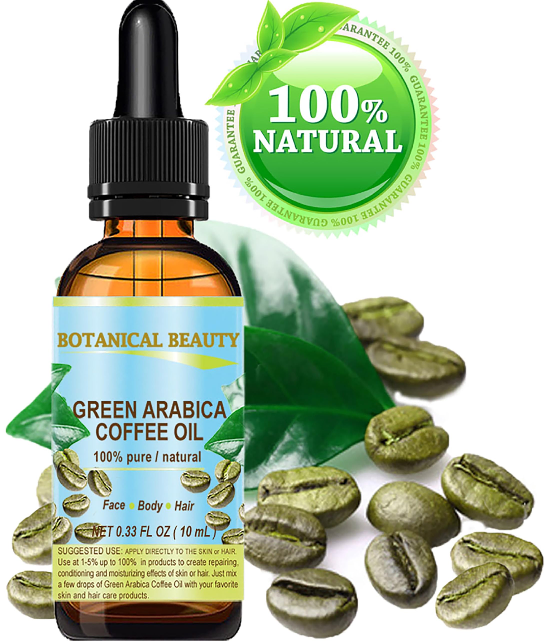 Botanical Beauty Green Arabica Coffee Oil pour, showcasing quick absorption and a non-greasy finish.