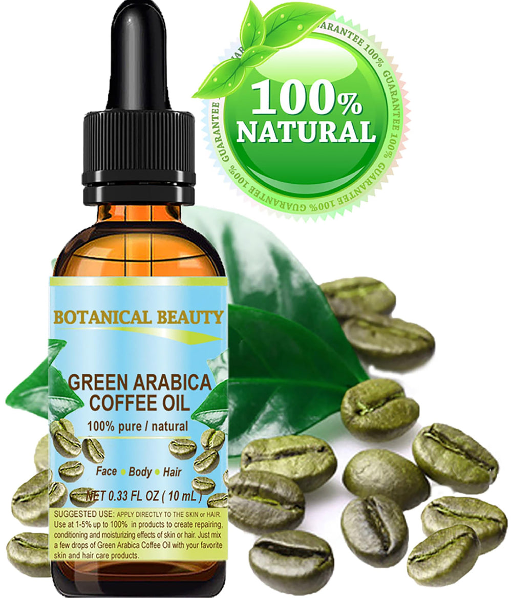 Botanical Beauty Green Arabica Coffee Oil pour, showcasing quick absorption and a non-greasy finish.