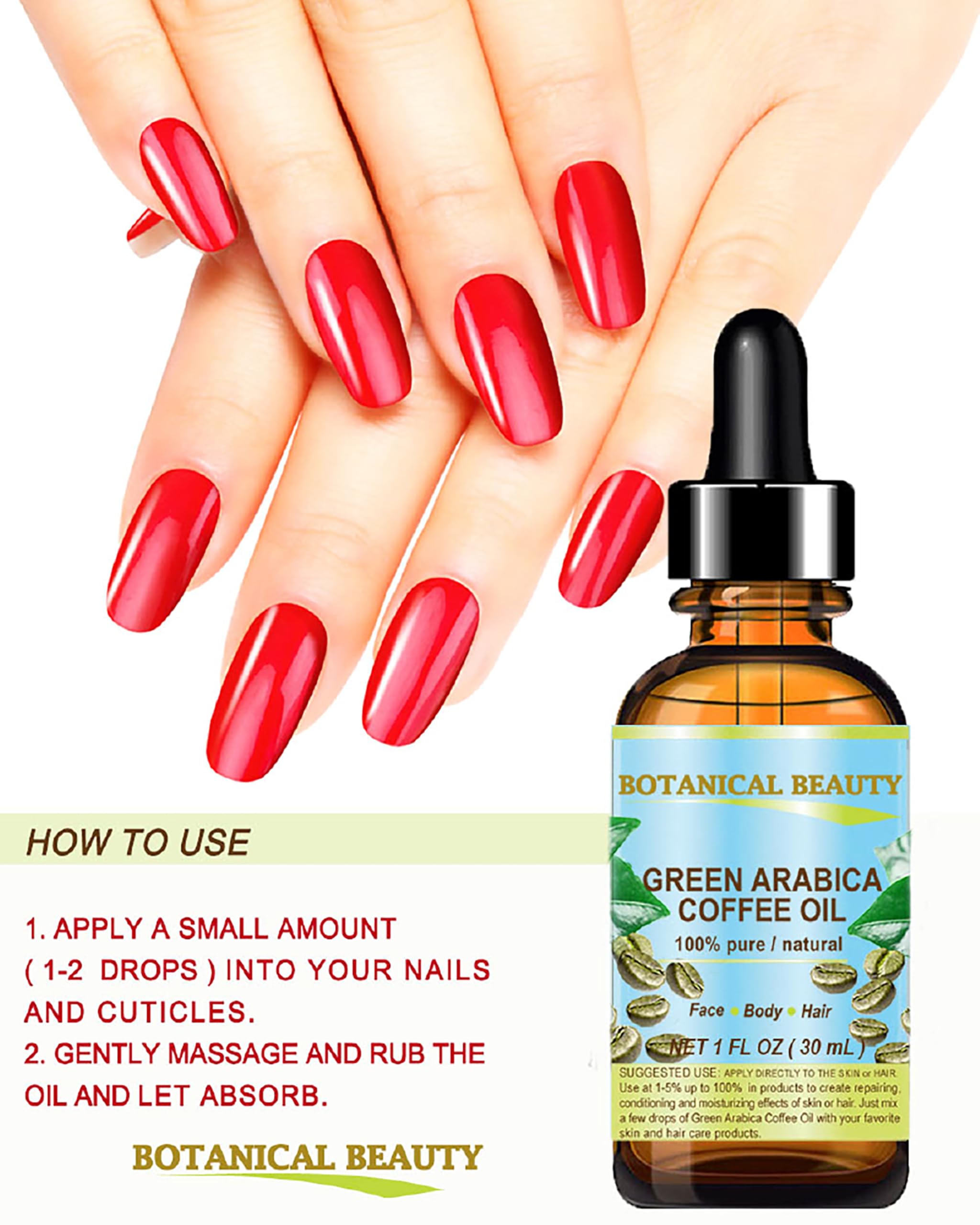 Botanical Beauty Green Arabica Coffee Oil texture closeup, ultra-light and fast-absorbing.