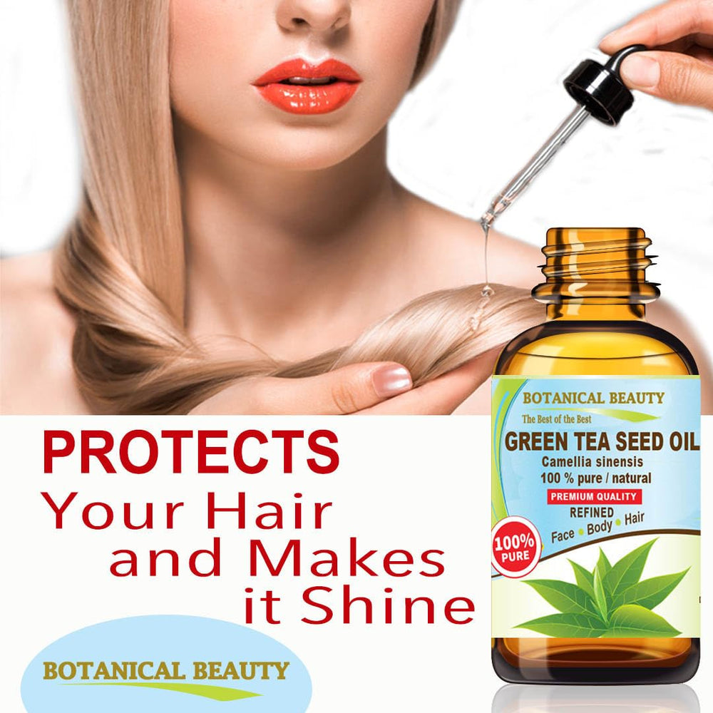 Botanical Beauty Green Tea Seed Oil application demonstrates versatile skin and hair use.
