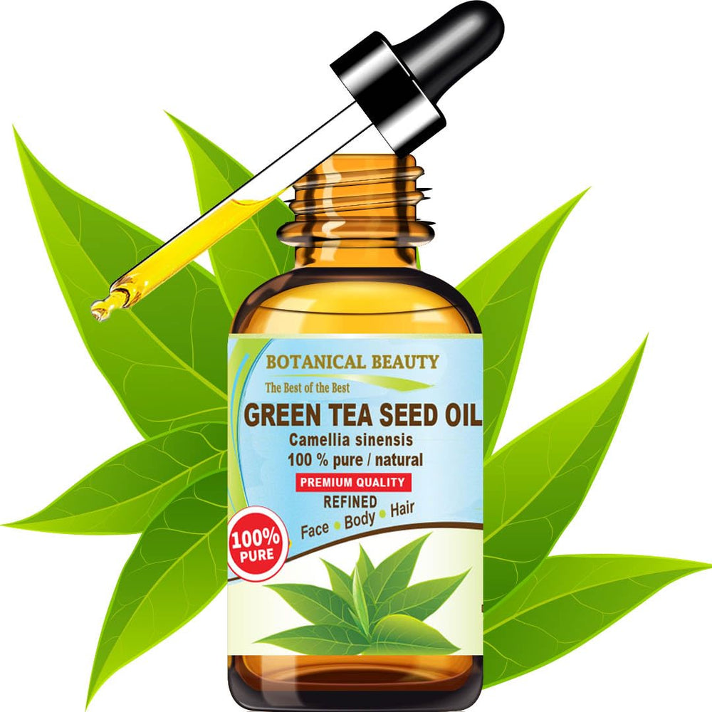 Botanical Beauty Green Tea Seed Oil bottle close-up shows pale yellow hue.