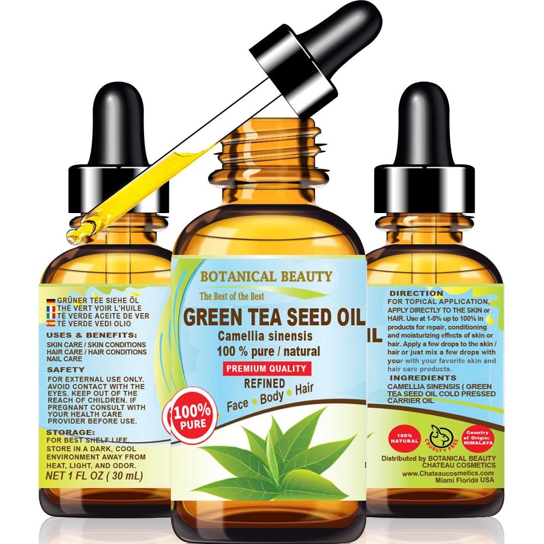 Botanical Beauty Green Tea Seed Oil bottle pour for light skin hydration.