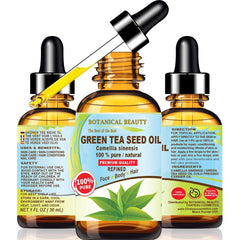 Botanical Beauty Green Tea Seed Oil bottle pour for light skin hydration.