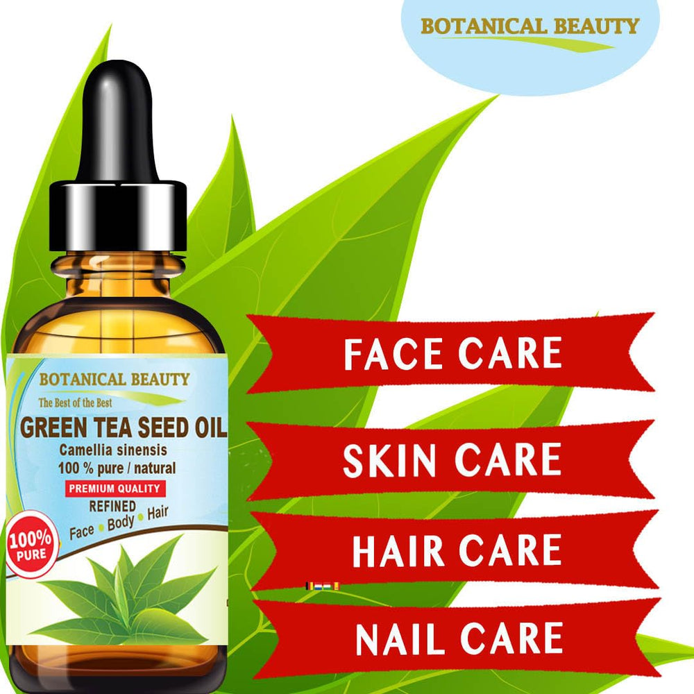 Botanical Beauty Green Tea Seed Oil label highlights pure, cold-pressed sourcing.