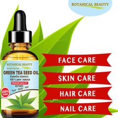 Botanical Beauty Green Tea Seed Oil label highlights pure, cold-pressed sourcing.