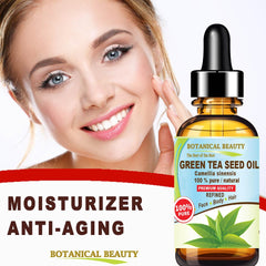 Botanical Beauty Green Tea Seed Oil oil drop indicating non-greasy care.