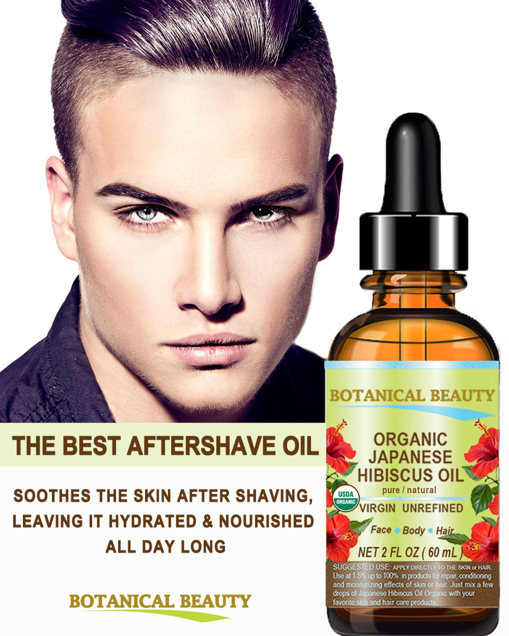 Botanical Beauty Hibiscus Oil showing elasticity benefits for skin.