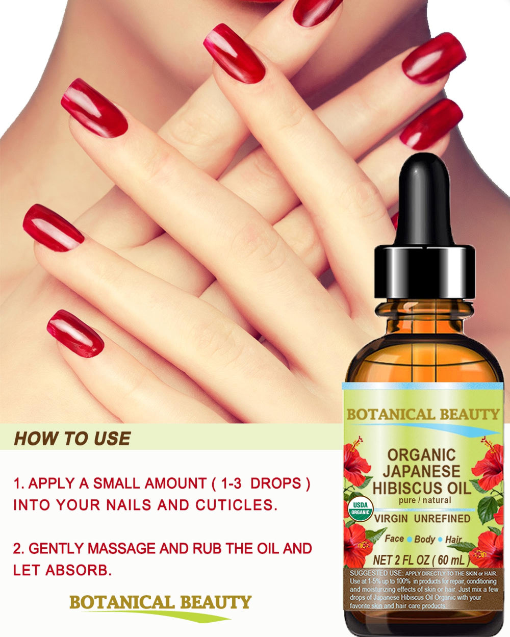 Botanical Beauty Hibiscus Oil on skin, ideal for massage and hydration.