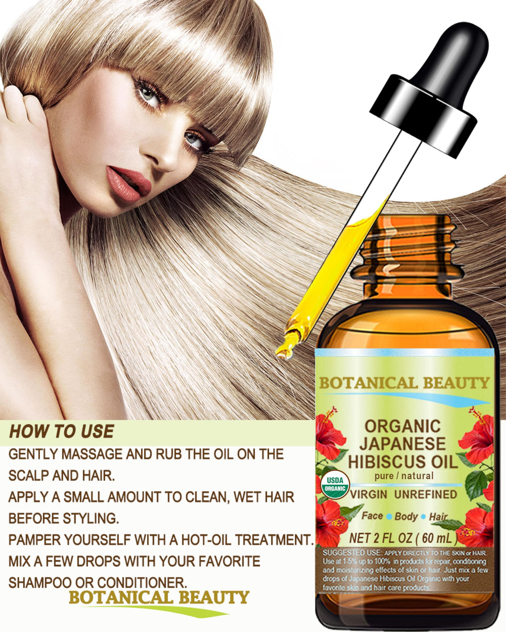 Botanical Beauty Hibiscus Oil for hair growth, strengthens and adds shine.