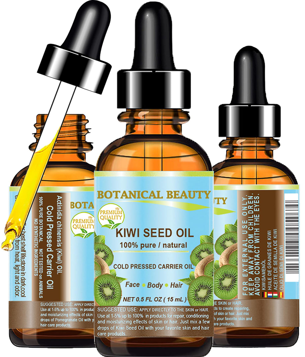 Botanical Beauty Kiwi Seed Oil bottle with dropper for fast-absorbing facial moisturizer