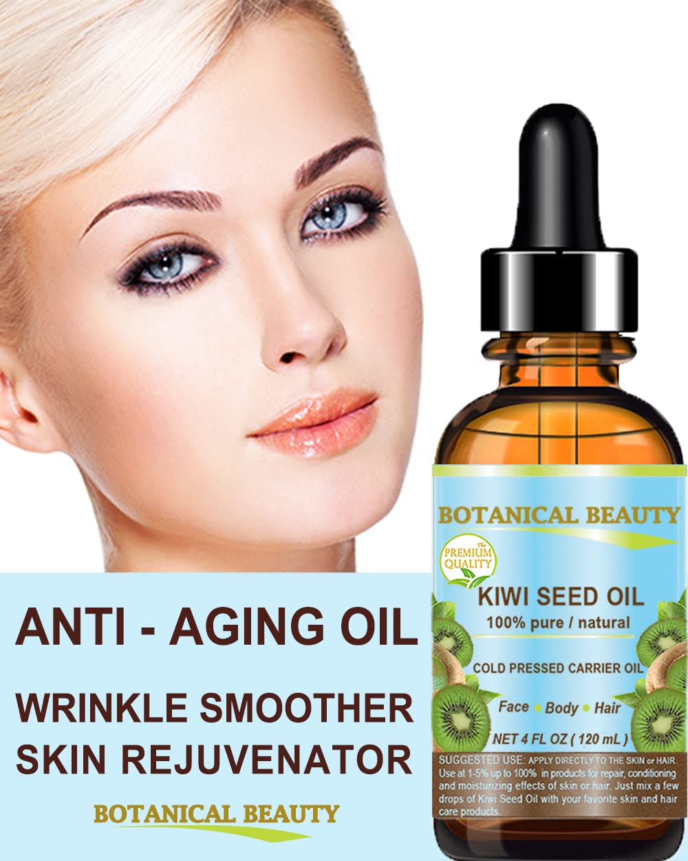 Botanical Beauty Kiwi Seed Oil face application shot demonstrates lightweight finish