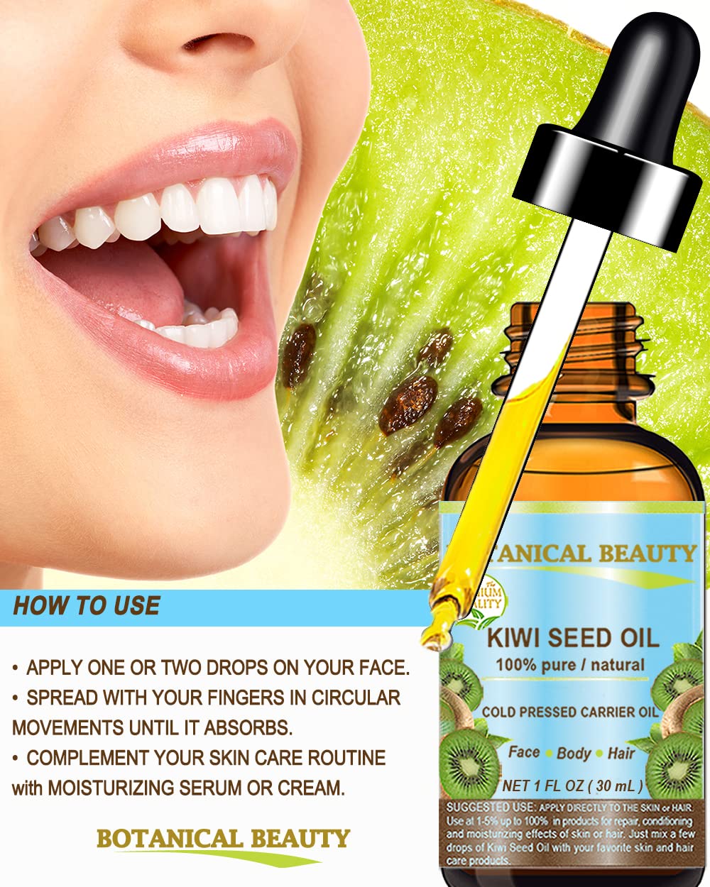 Botanical Beauty Kiwi Seed Oil hair care usage shows soothing moisture boost
