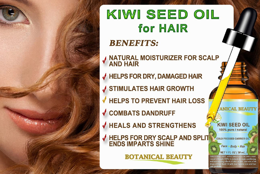 Botanical Beauty Kiwi Seed Oil ingredients card highlights vitamins and fatty acids