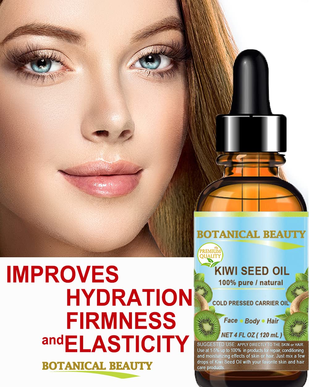 Kiwi Seed Oil label highlighting purity and natural ingredients
