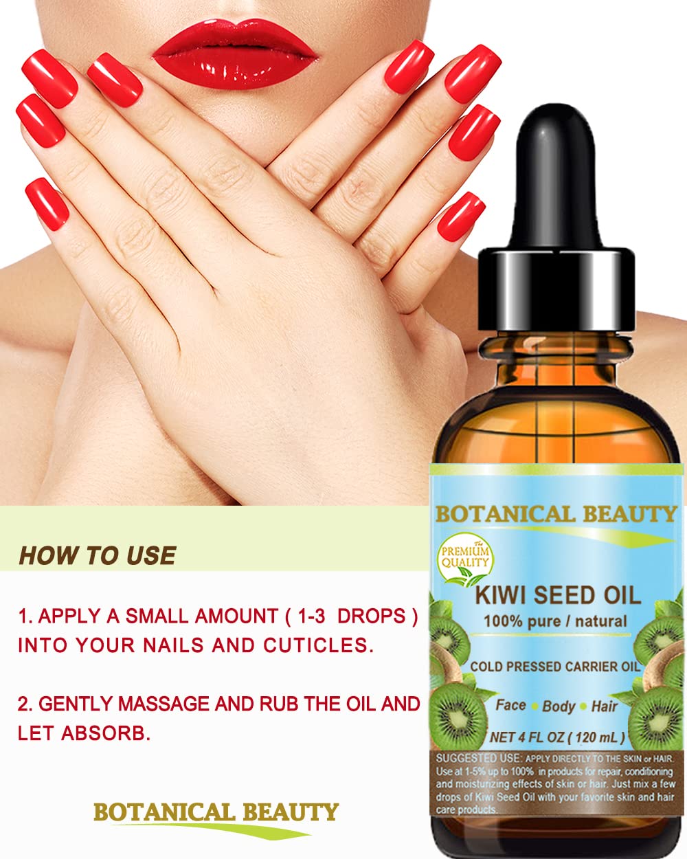 Botanical Beauty Kiwi Seed Oil packaging shows compact bottle with dropper