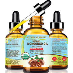 Botanical Beauty Mongongo Oil bottle pour for skin hydration and nourishment.