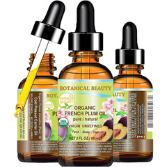 Botanical Beauty Plum Oil bottle pour showing lightweight skin oil for quick absorption