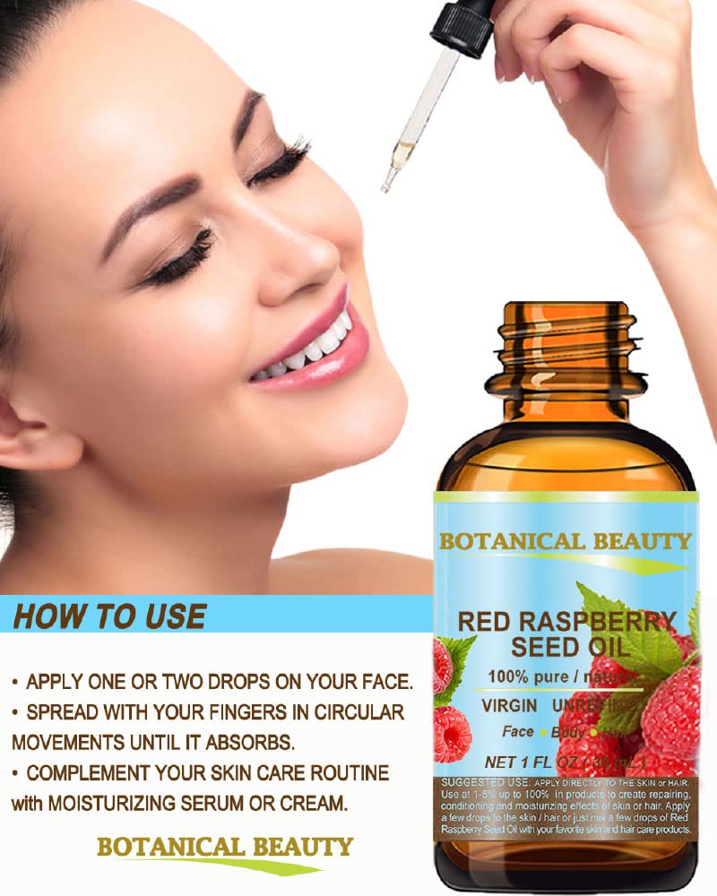 Botanical Beauty Red Raspberry Seed Oil application on face delivering light moisture