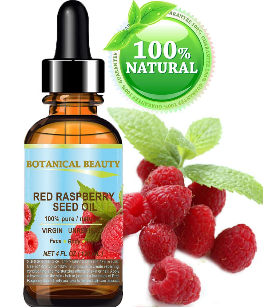 Botanical Beauty Red Raspberry Seed Oil label highlighting USA-origin cold-pressed quality