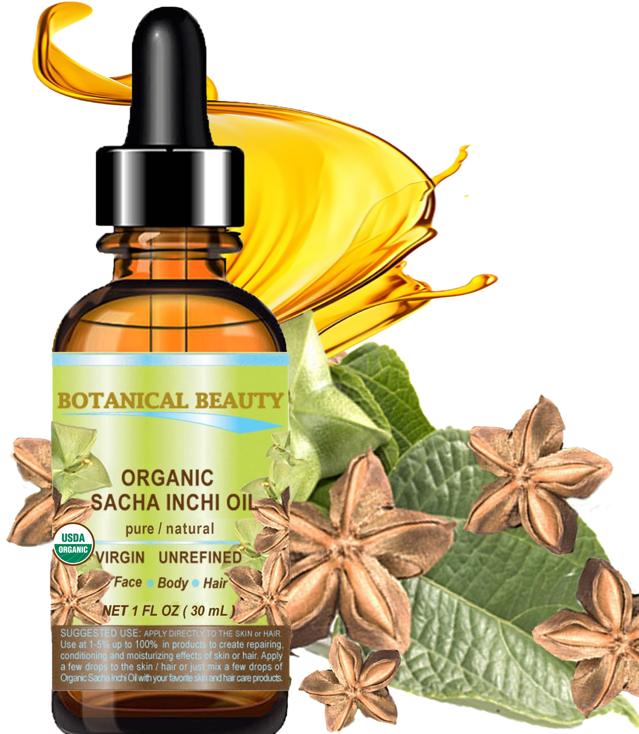 Botanical Beauty Sacha Inchi Oil dropper for precise facial and hair care dosing.