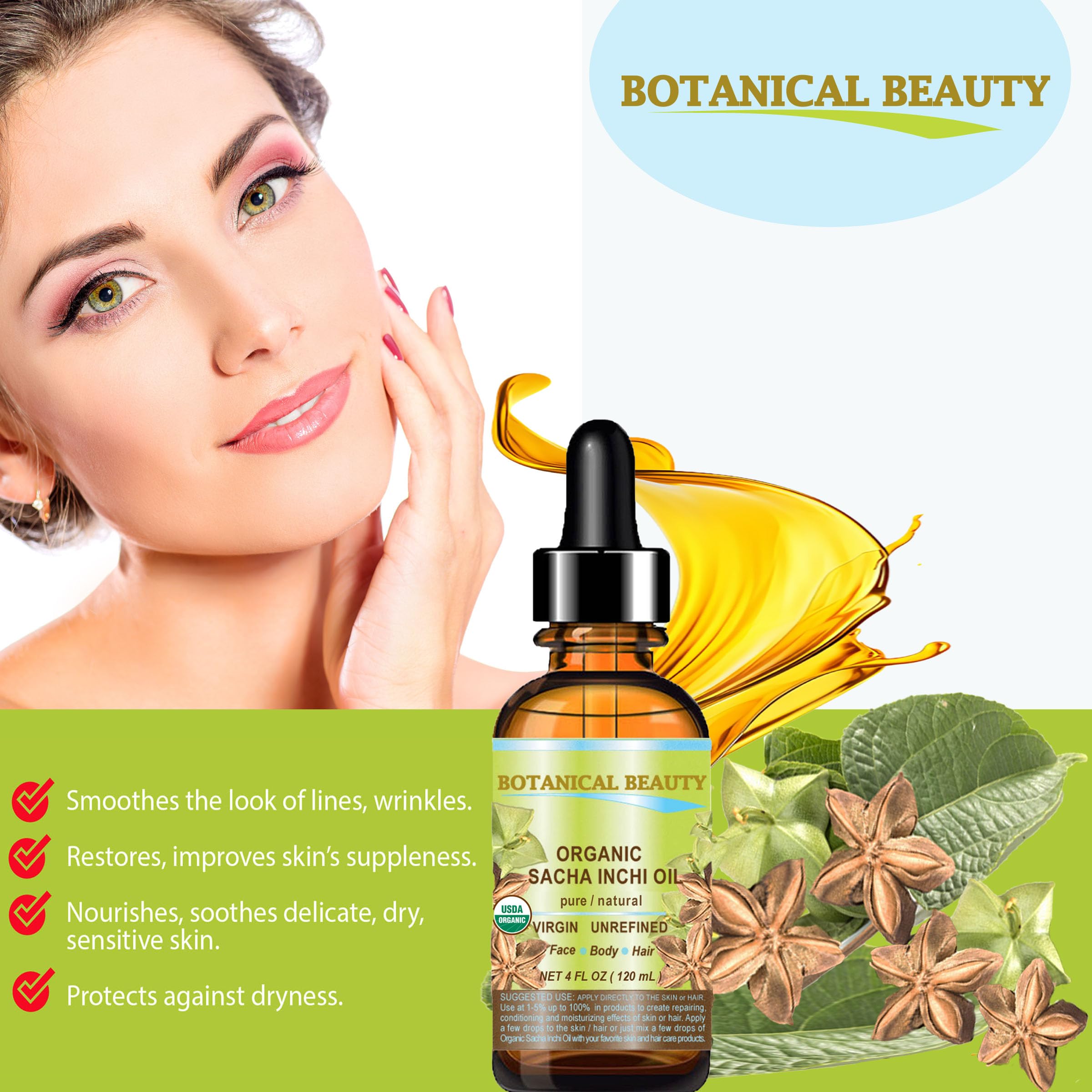 Botanical Beauty Sacha Inchi Oil nourishes scalp and hair care routine.