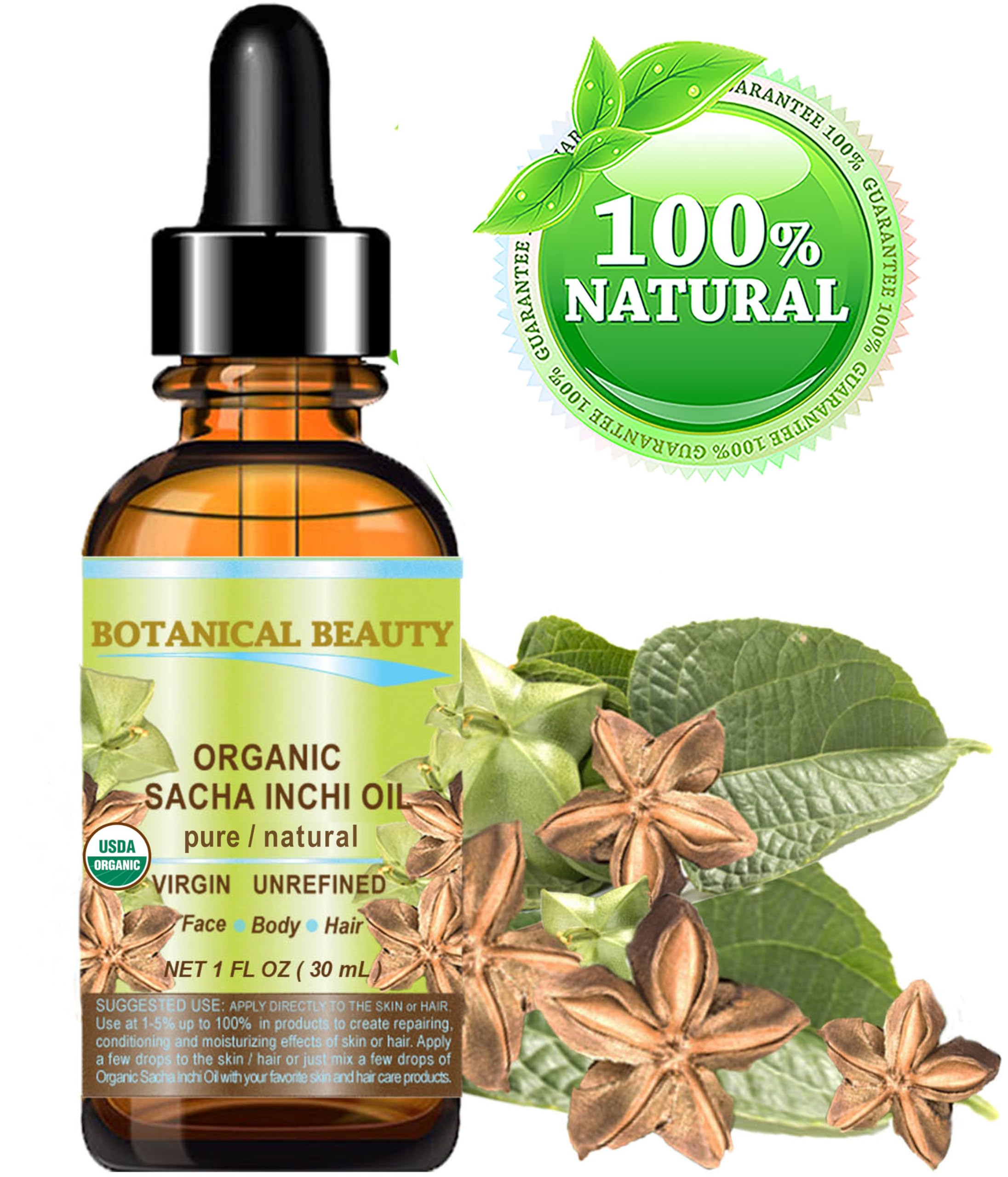 Botanical Beauty Sacha Inchi Oil ingredients emphasizing omega fatty acids and vitamins A and E.