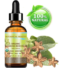 Botanical Beauty Sacha Inchi Oil bottle label highlights omega fatty acids.