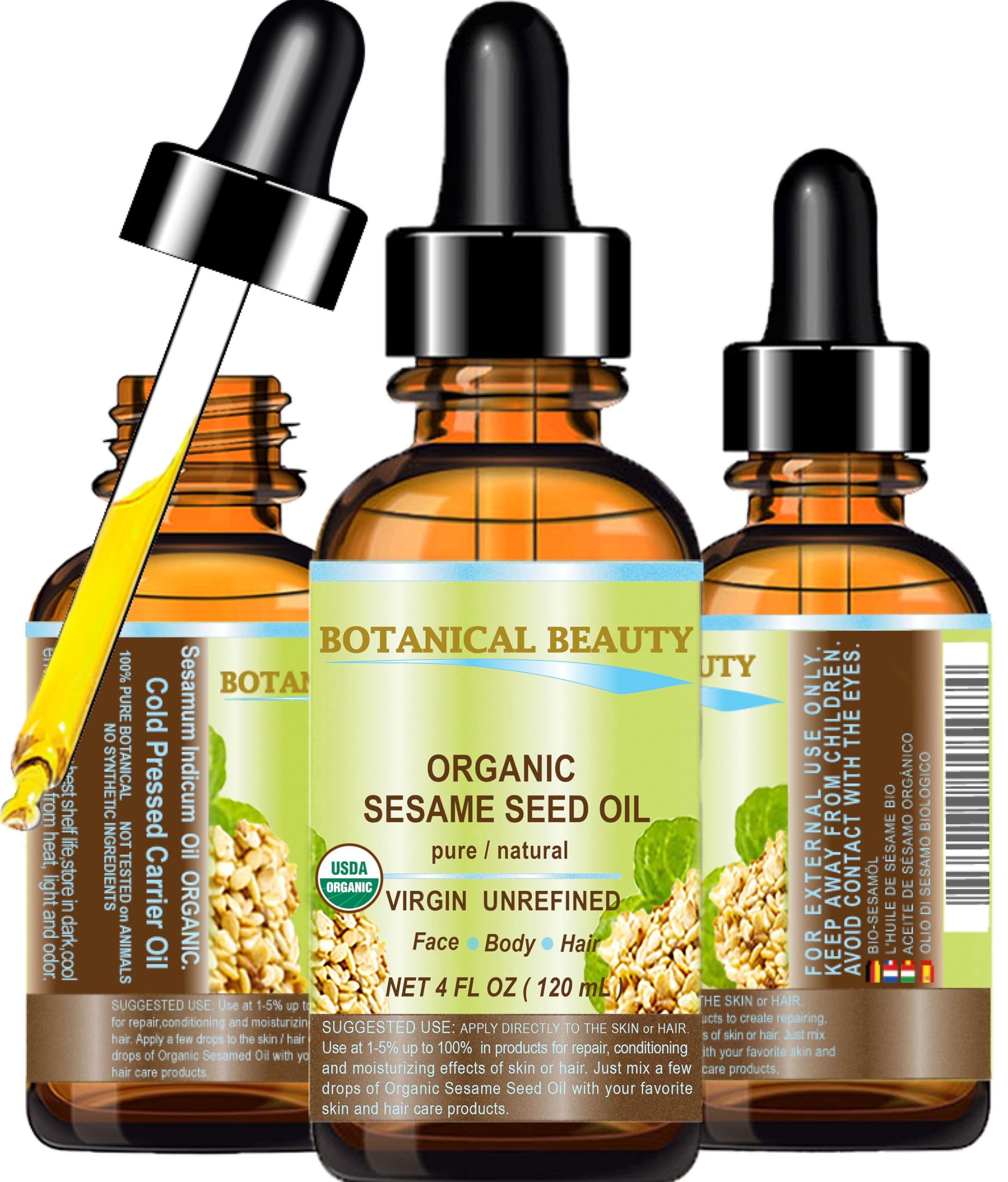 Botanical Beauty sesame seed oil bottle for daily skincare routine with nourishing texture.