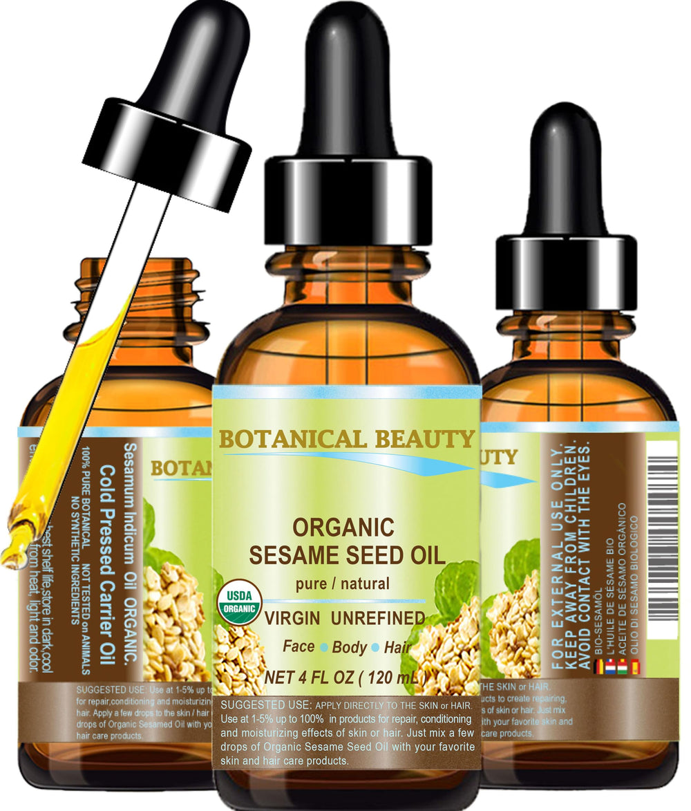 Botanical Beauty sesame seed oil bottle for daily skincare routine with nourishing texture.