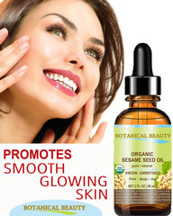 Botanical Beauty sesame seed oil for hair helps tame frizz and add shine.