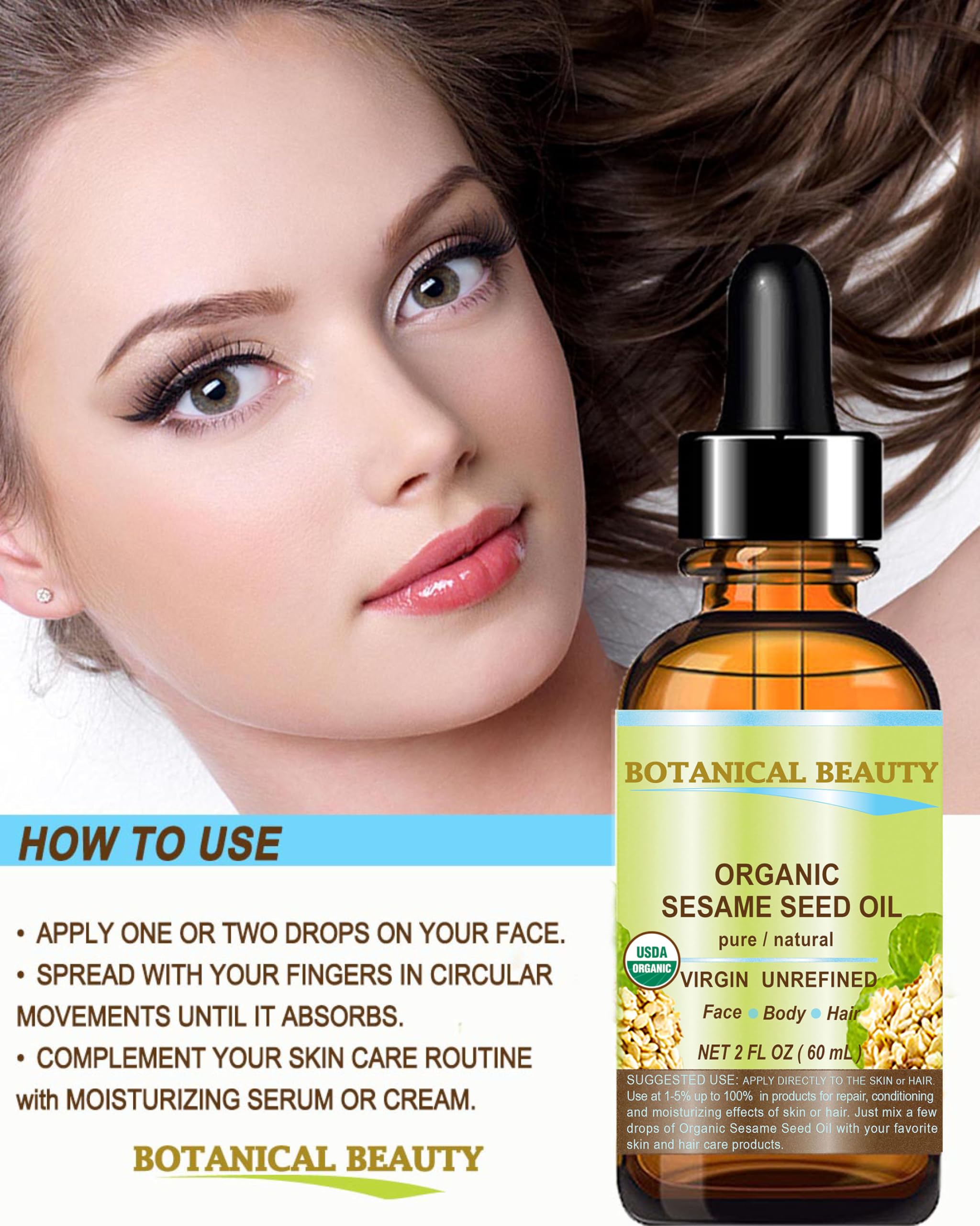 Botanical Beauty sesame seed oil on skin provides deep hydration and smoothness.