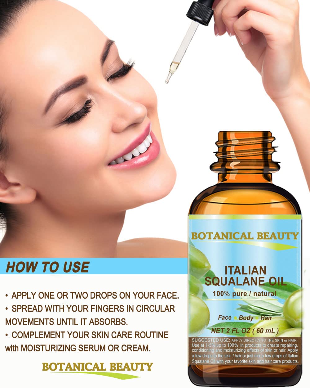 Botanical Beauty Squalane used as a hair treatment for shine.