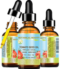 Botanical Beauty Tomato Seed Oil bottle for lightweight, non-greasy facial hydration.