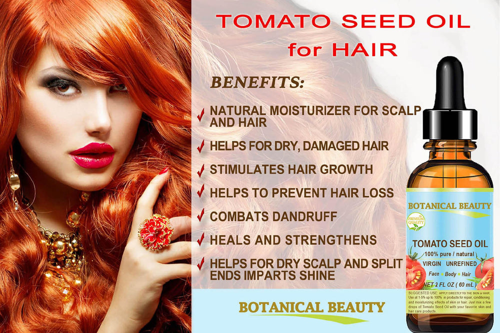 Botanical Beauty Tomato Seed Oil hair-use demonstrates nourishment for dry ends and shine.