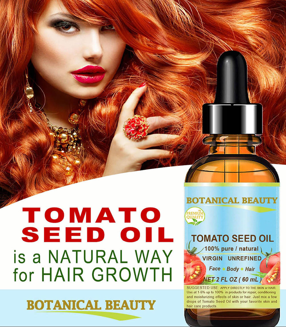 Close-up of Botanical Beauty Tomato Seed Oil nutrients like lycopene and vitamin E for skin.