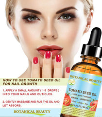 Botanical Beauty Tomato Seed Oil label shows virgin unrefined cold-pressed formula.